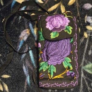 Embroidered Floral Crossbody Bag - Purple and Black